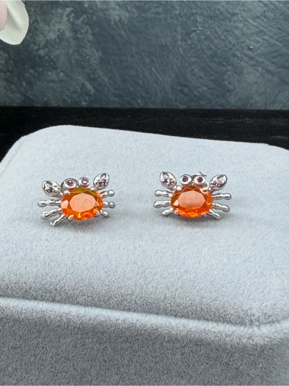 Stunning Natural Orange Fire Opal 8x6mm Crab 925 Sterling Silver Earrings - Picture 4 of 11